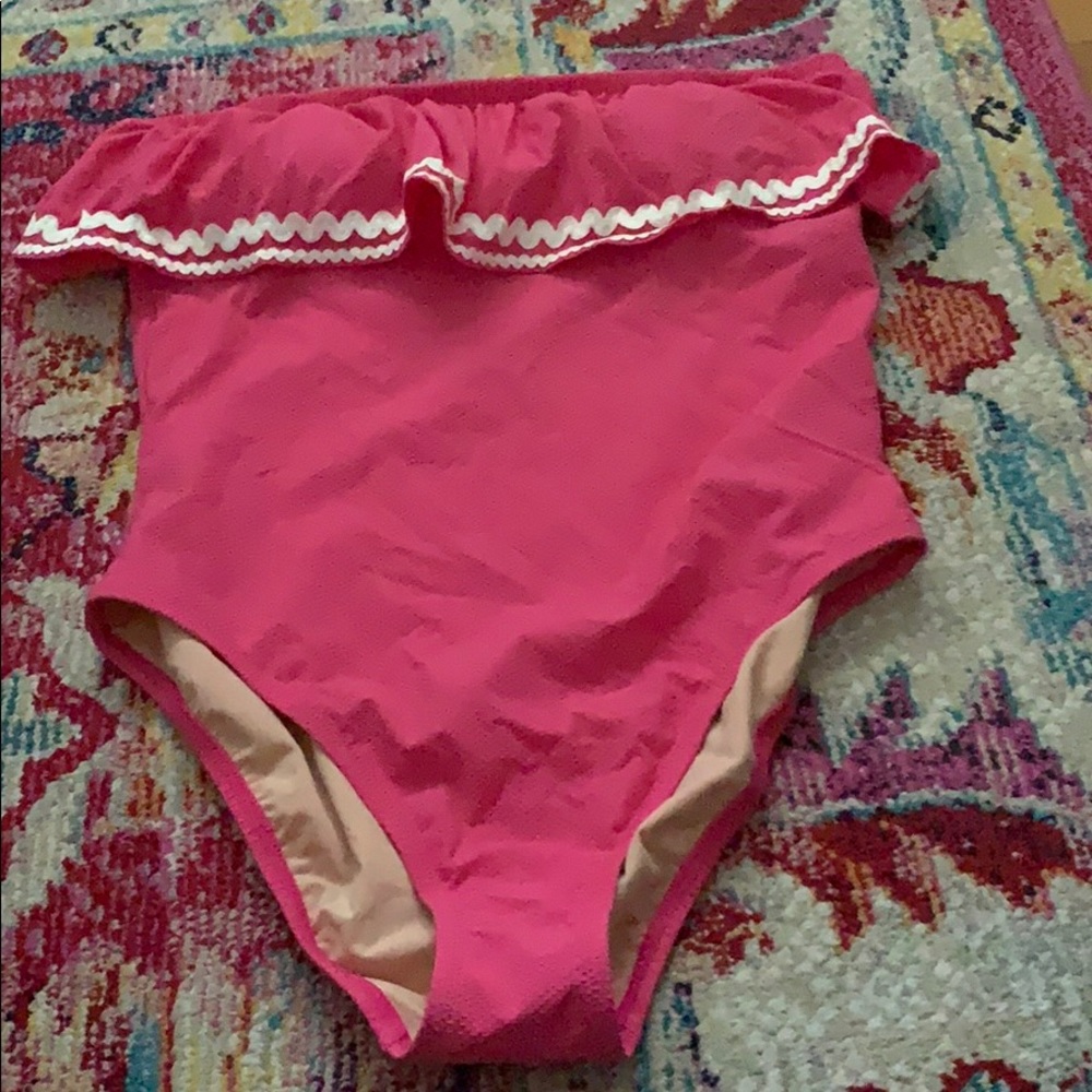 J. Crew pink ruffled one piece swim suit